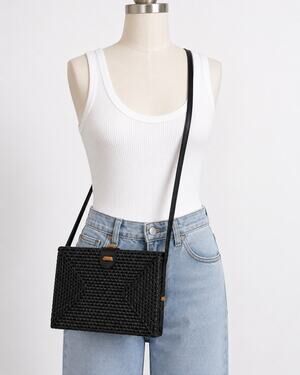 Black Woven Crossbody Bag Structured Straw Rattan Boho Envelope Purse